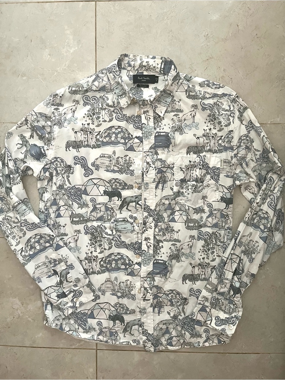 Paul Smith White Shirt with Blue-Grey Illustrated Print